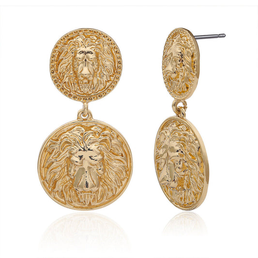 Gold Round Fashion Lion Drop Statement Earring