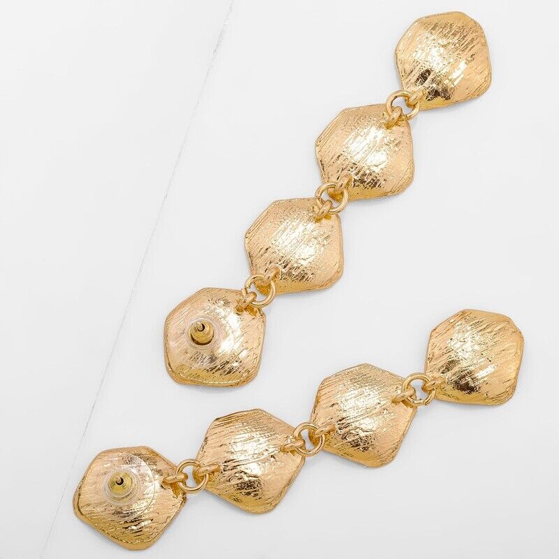 Gold Plated Hammered Long Drop Earrings