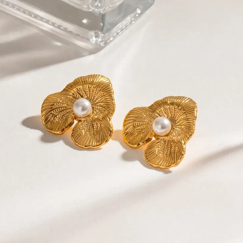 Gold Plated Stainless Steel Pearls Floral Petal Stud Earring