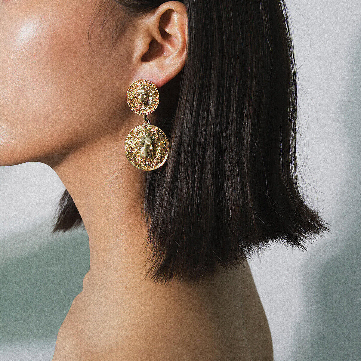 Gold Round Fashion Lion Drop Statement Earring