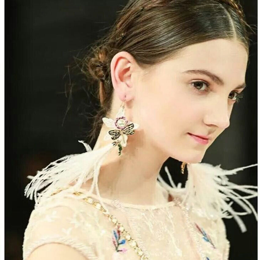 Light Pink Faux Feathers, Lace And Pearl Flower Drop Earrings