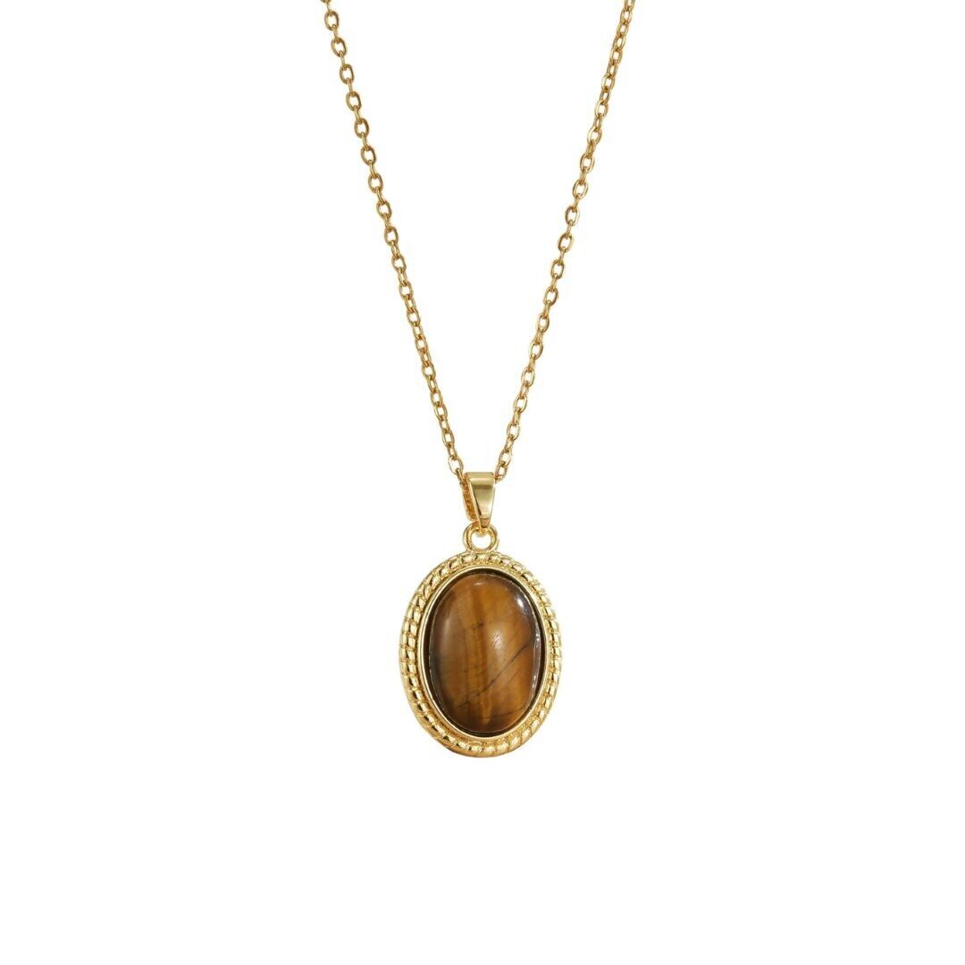 Gold Titanium Steel Tiger Eye Oval Pendant Necklace