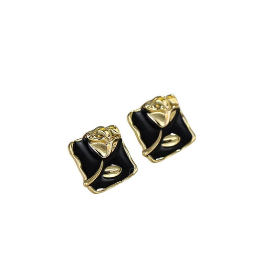 Gold Plated and Black Enamel Rose Square Stud Earring