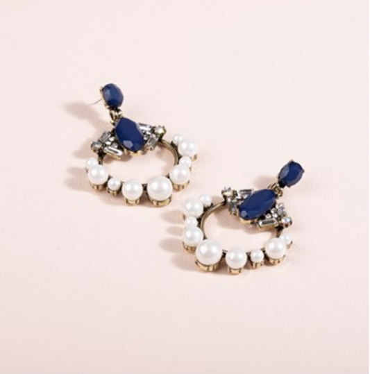 Elegant Pearl And Blue Cubic Zirconia Round Drop Earrings