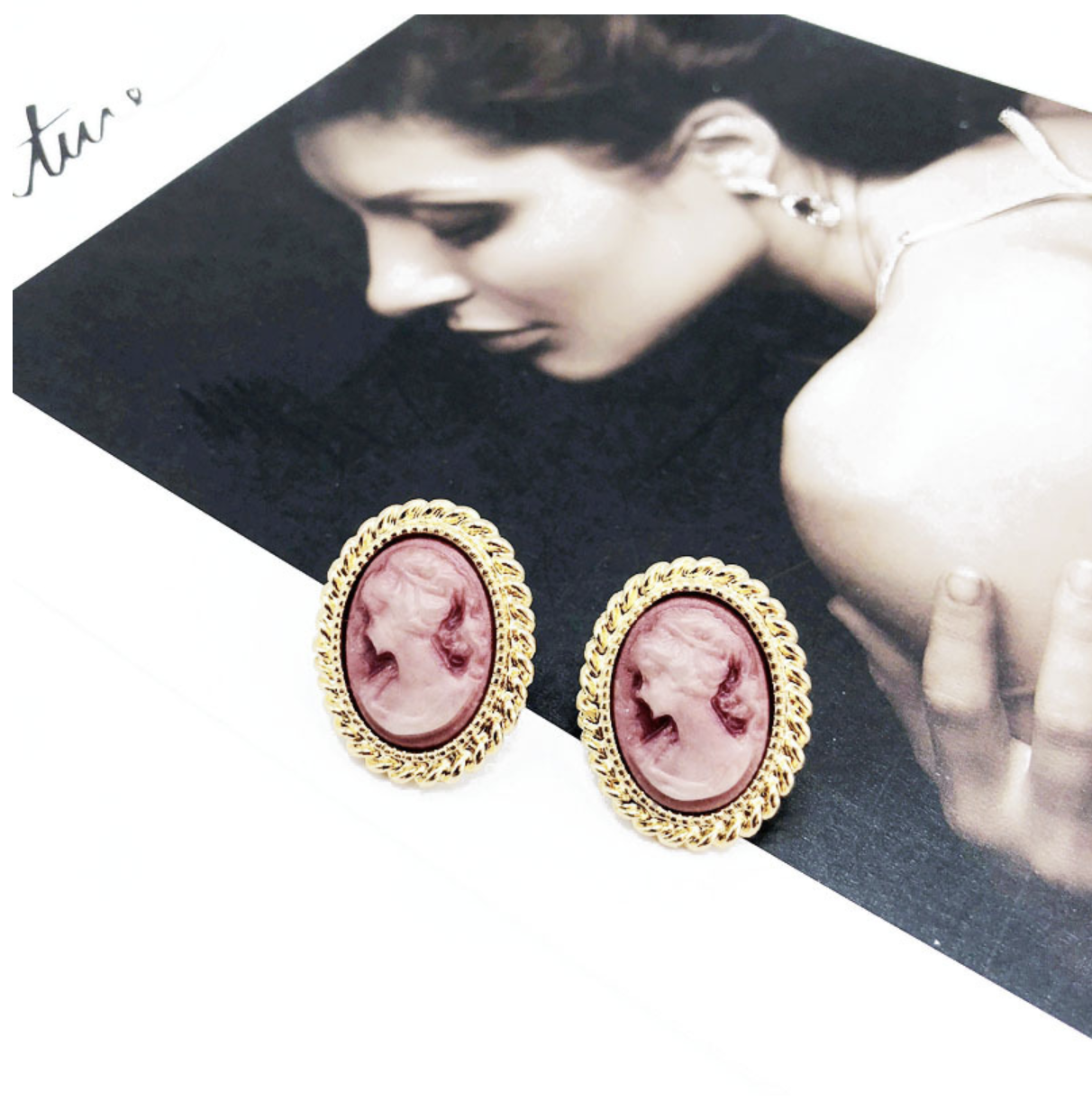 Vintage Woman/girl Frame Picture Pink Stud Earring