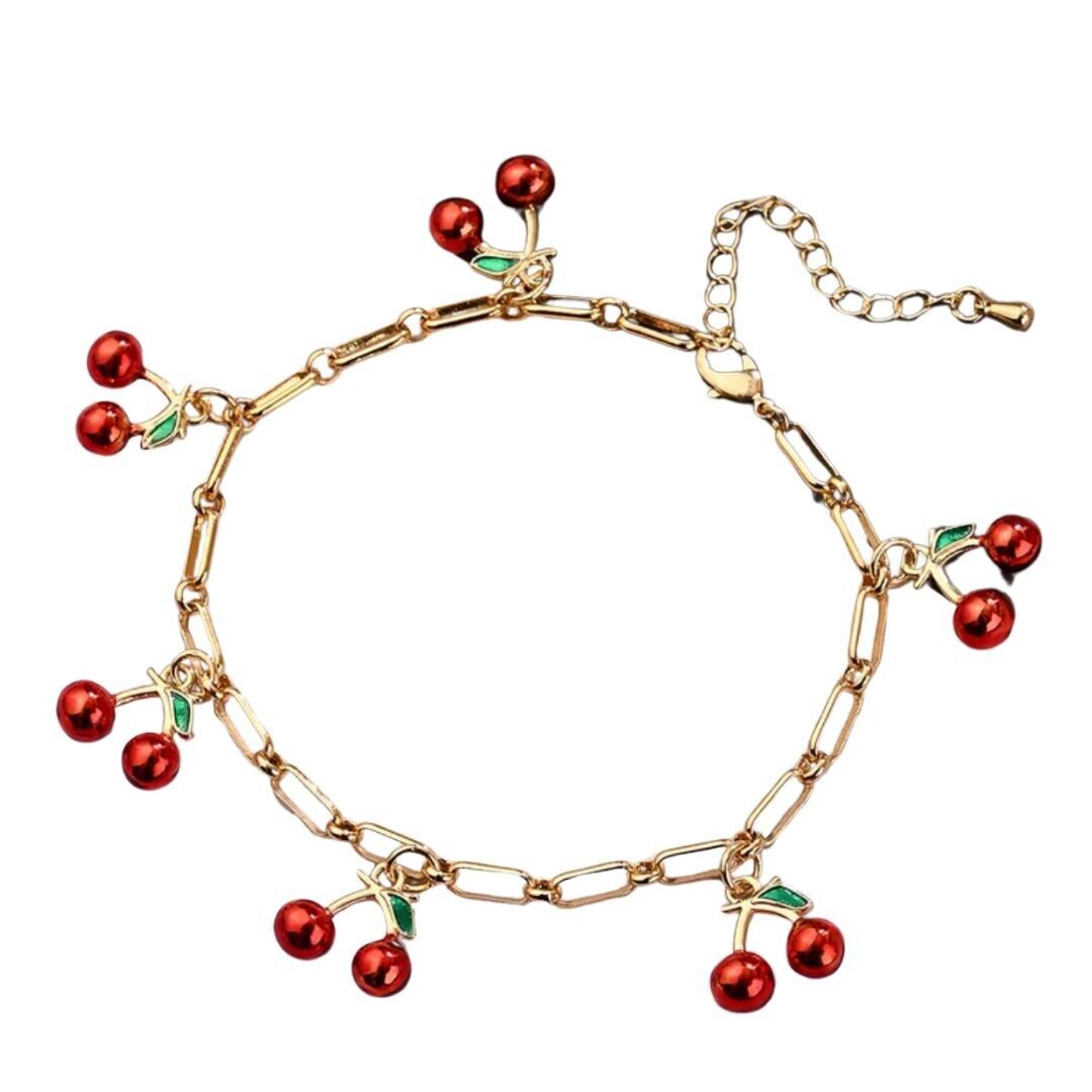 18k Gold Plated Copper Red Enamel Cherry Charms Bracelet