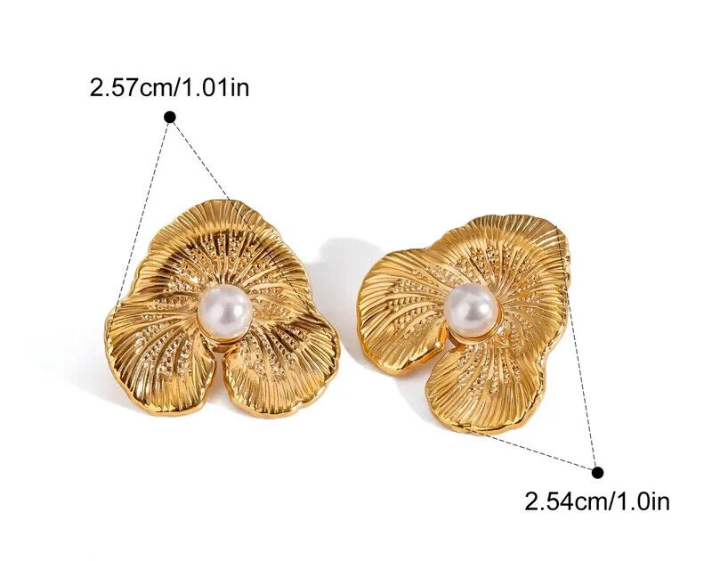 Gold Plated Stainless Steel Pearls Floral Petal Stud Earring