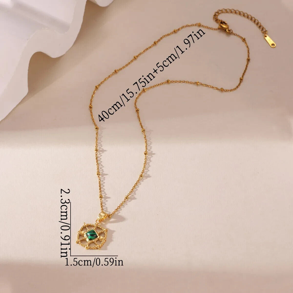 Gold Plated Stainless Steel Green Malachite Stone Pendant Necklace