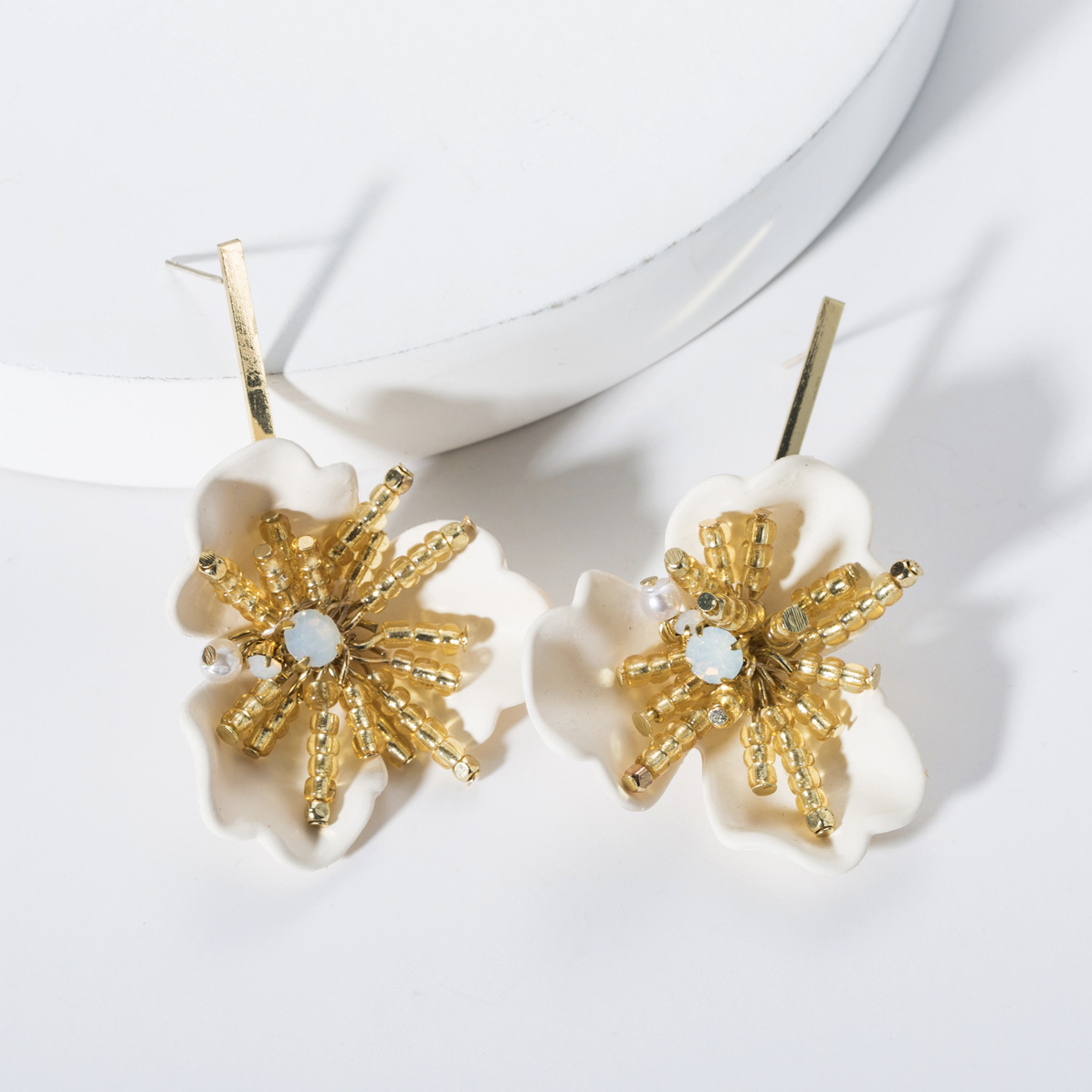 White Clay Flower And Gold Beaded Drop Earrings