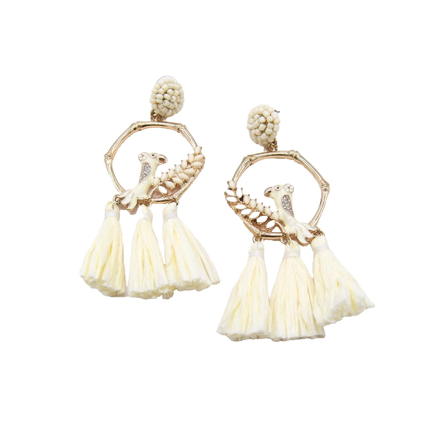 Off White And Gold Handmade Beaded Parrot Staw Tassel earring