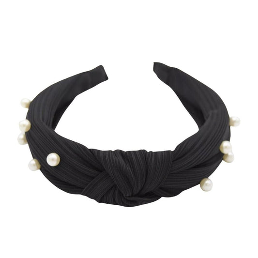 Black Thinly Gathered Fabric With Lightly Beaded pearls knot headband