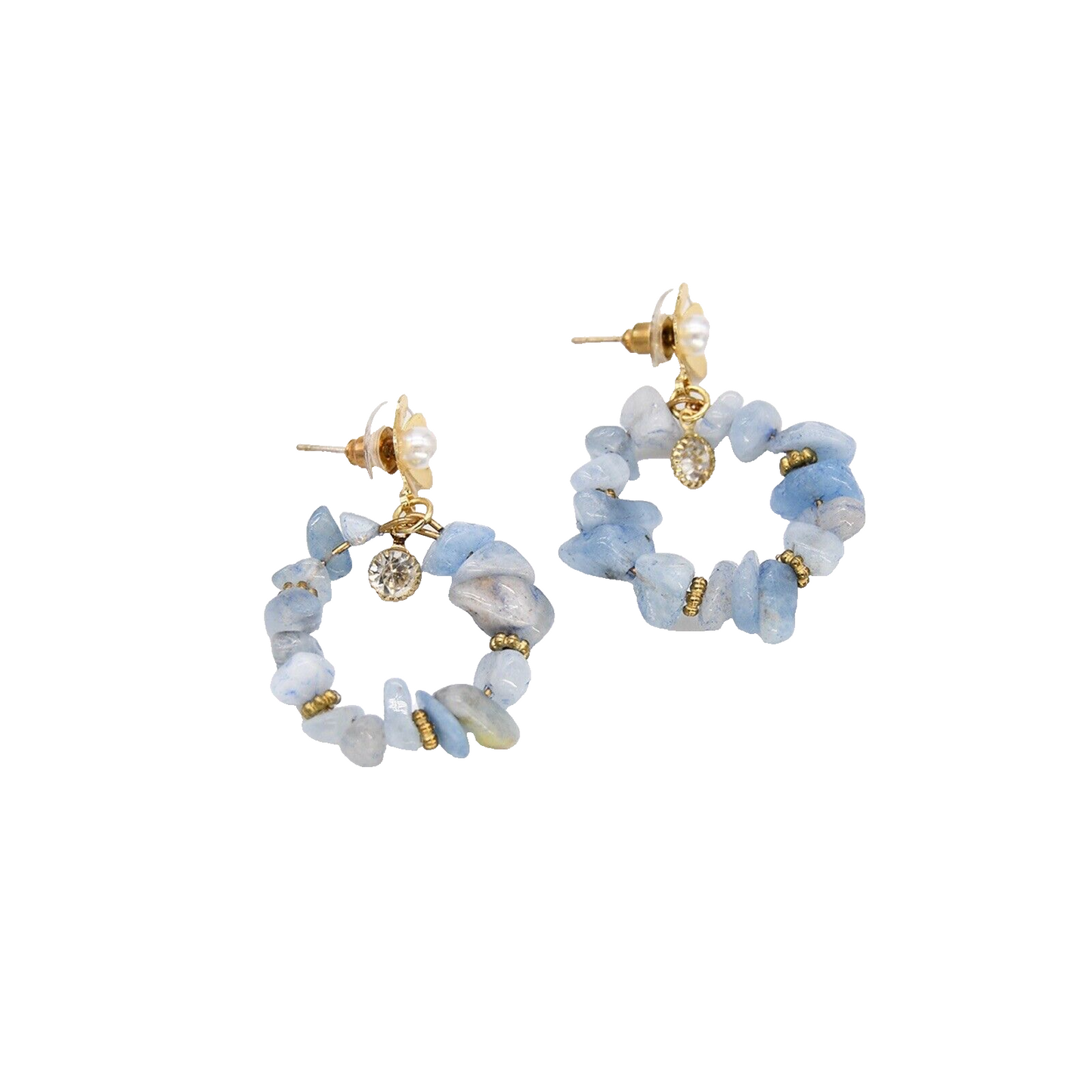 Pearl Flower Post And Baby Blue Beaded Round Drop Earring