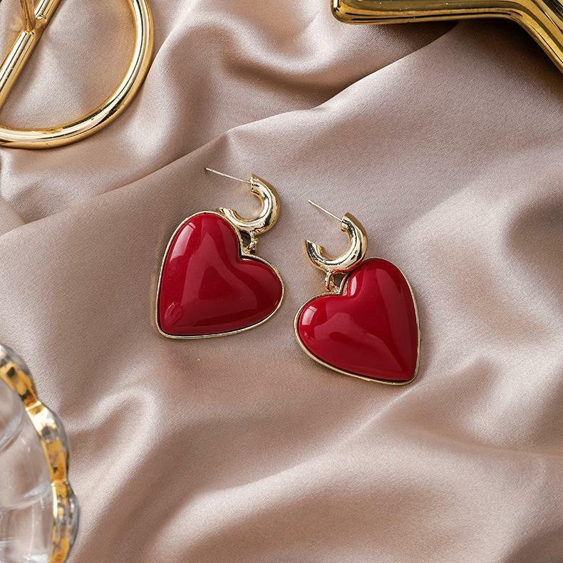 Red And Gold Heart Hoop Drop Earring