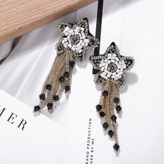 Black And Gold Handmade Beaded Star Tassels Earrings