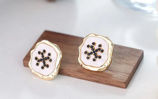 Gold Plated and White Enamel Design Irregular Shape Stud Earring