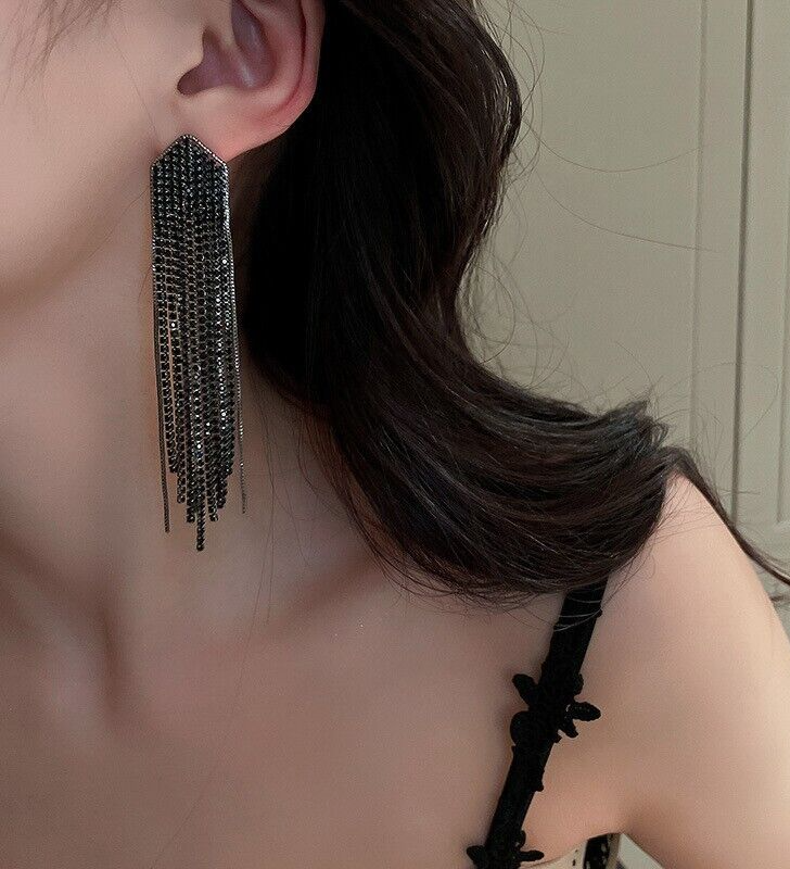 Black Rhinestones Tassel Drop Earrings