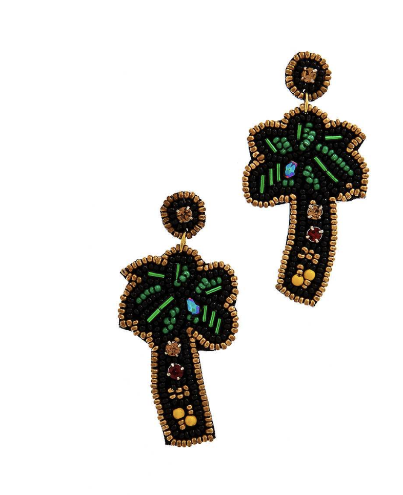 Black And Green Beaded Palm Tree Handmade Earrings