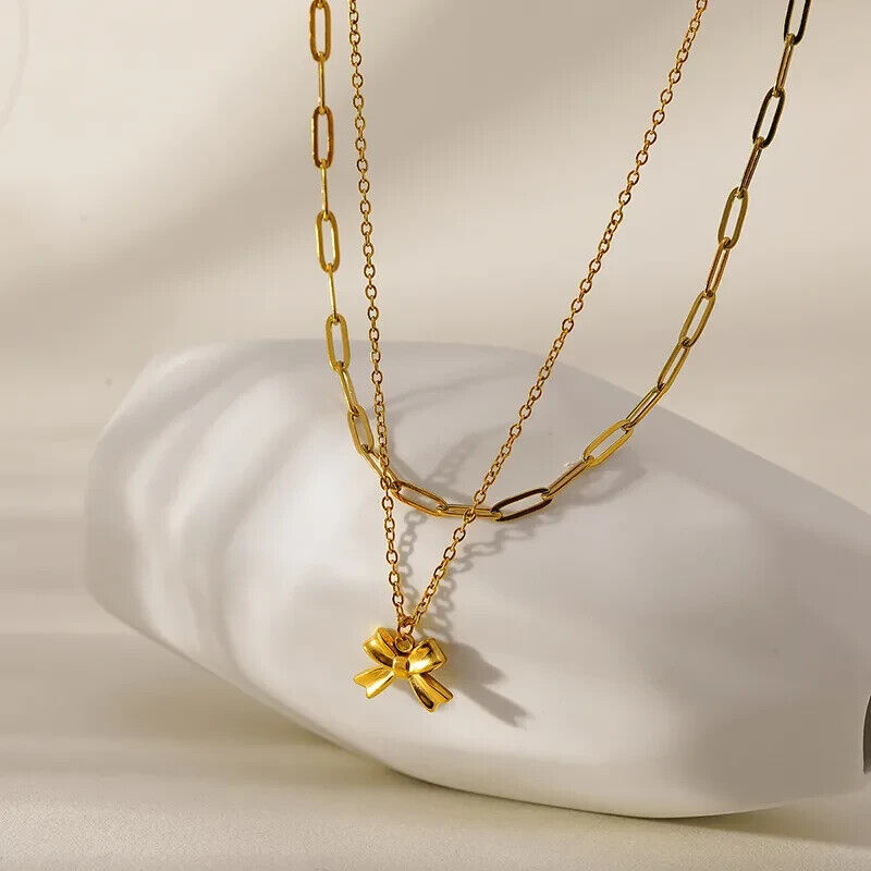 Gold Plated Stainless Bow Pendant Double Chain Necklace