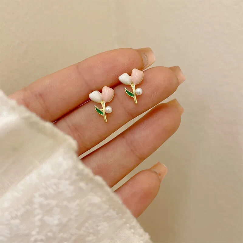 Gold Pink And Green Enamel Pearl Tulip Flower Stud Earrings