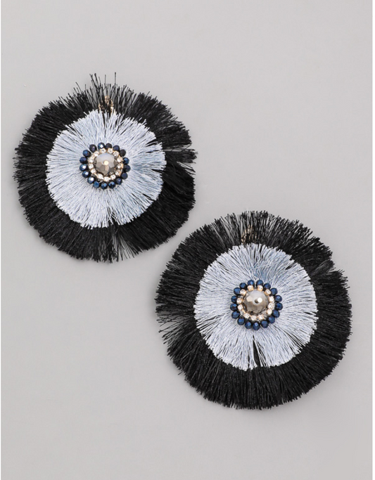 Large Circle Black And Blue Fringe Earring