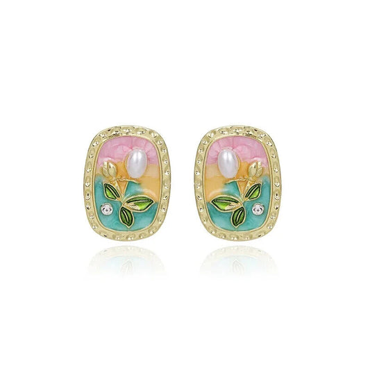 Gold Pink And Green Enamel Pearl Floral Square Stud Earrings