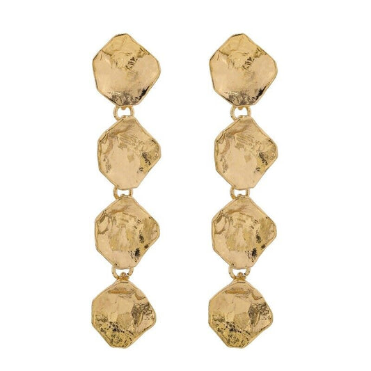 Gold Plated Hammered Long Drop Earrings