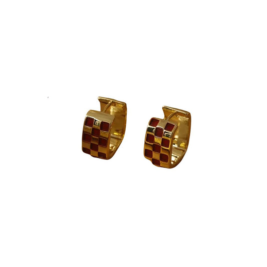 14k Gold Plated Maroon Check Square Shape Hoop Earrings