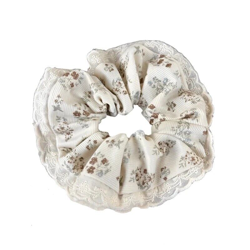 White Velvet Brown And Light Blue Floral Hair Scrunchie