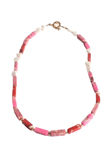 Pink Natural Stones And Precious Pearls With Gold Details Necklace